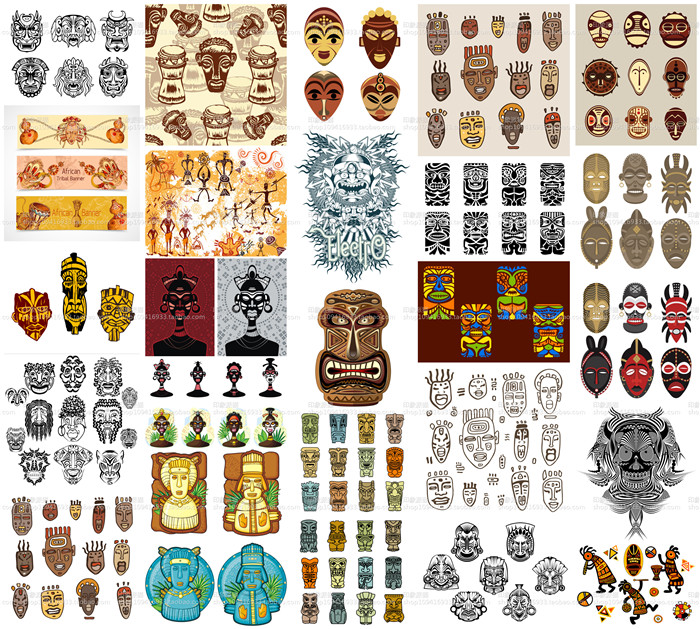 矢量设计素材 民族民俗面具图腾图案玛雅墨西哥非洲原始部落 EPS