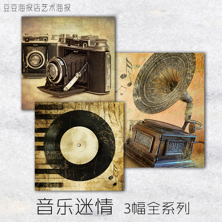 音乐海报 音乐迷情 3幅选 装饰画留声机照相机唱片无框画RQ