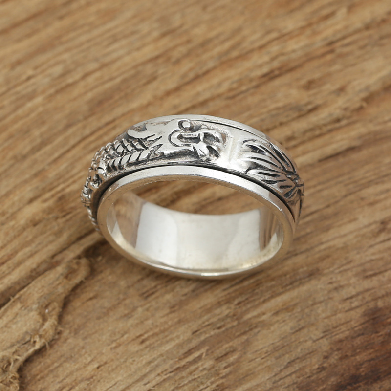 S925纯银饰品 手工复古泰银个性指环男款转动神龙戒指