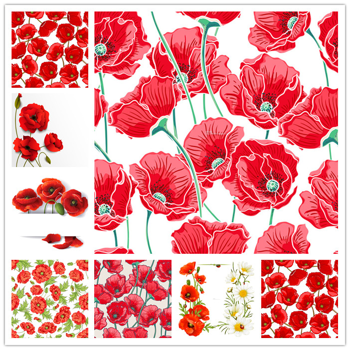 矢量设计素材 红色花朵观赏罂粟花背景底纹四方连续图EPS格式