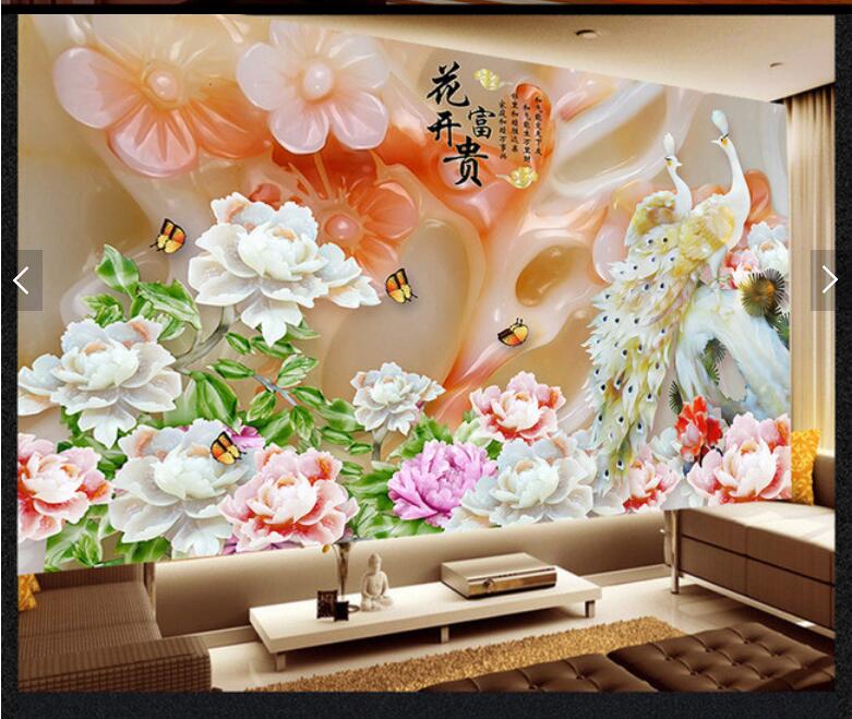 3D立体墙纸玉雕牡丹孔雀福字电视背景墙家和富贵壁纸富贵吉祥壁画