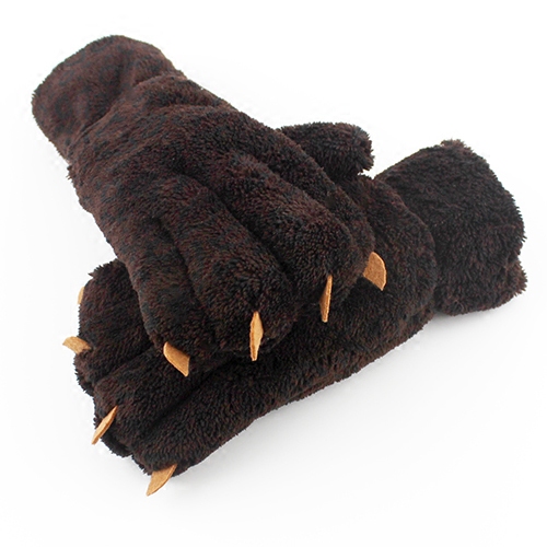 冬季时尚男女士加绒保暖全指手套韩版可爱卡通狼爪子连指骑车手套