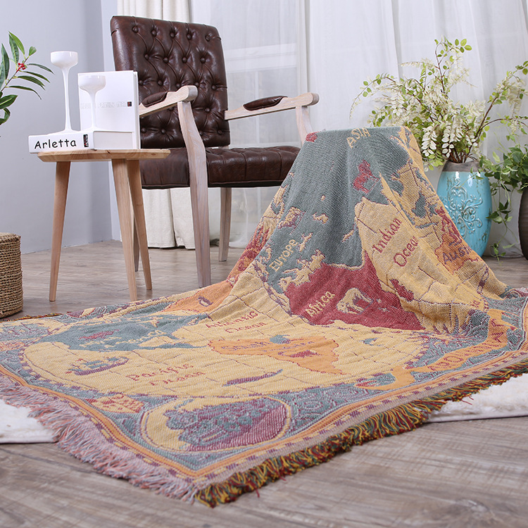 出口地中海英文版世界地图纯棉线毯沙发盖毯挂毯阳台客厅地毯地垫