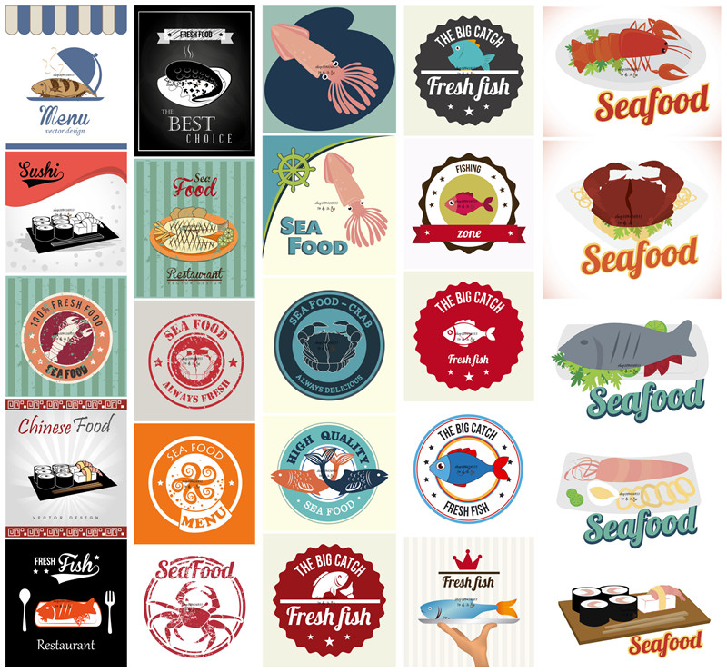 矢量设计素材 海鲜饭店菜单海报LOGO海鱼寿司螃蟹章鱼图案 EPS