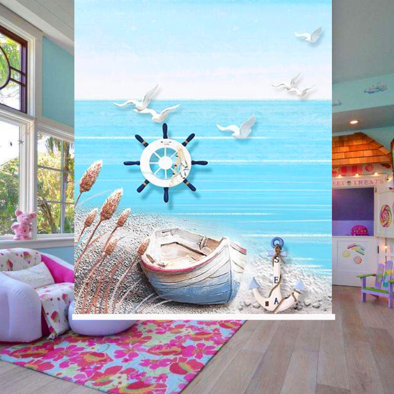 地中海儿童房卡通遮光隔热窗帘3D浮雕立体航海元素海滩风景画卷帘