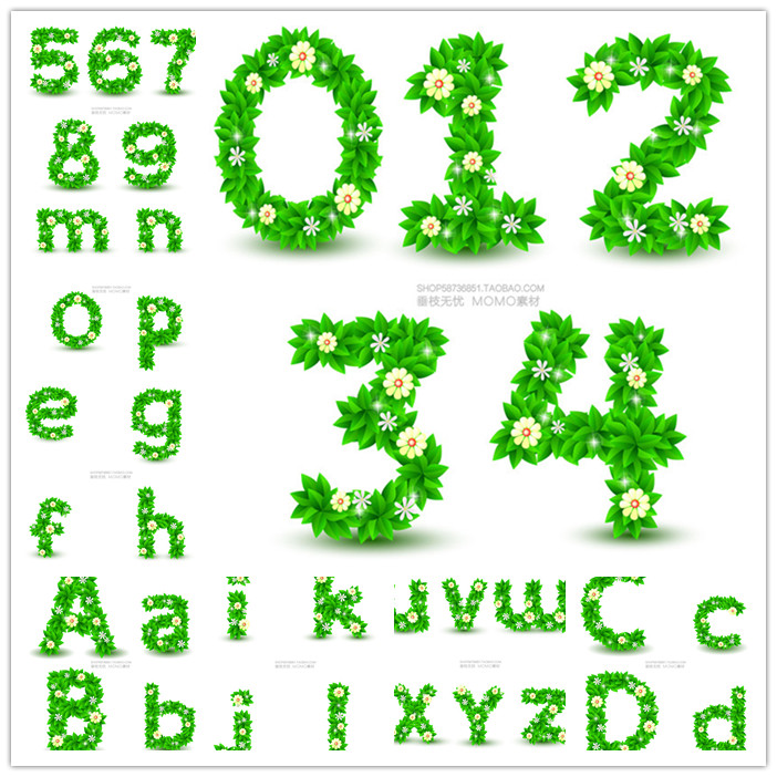 A2763矢量绿色树叶花朵组成的英文字母和数字 AI设计素材