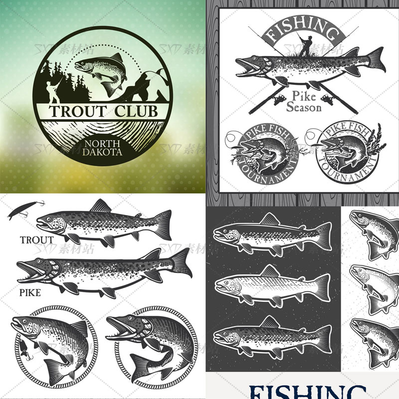 复古钓鱼俱乐部鱼群图标Logo矢量图设计素材 15EPS