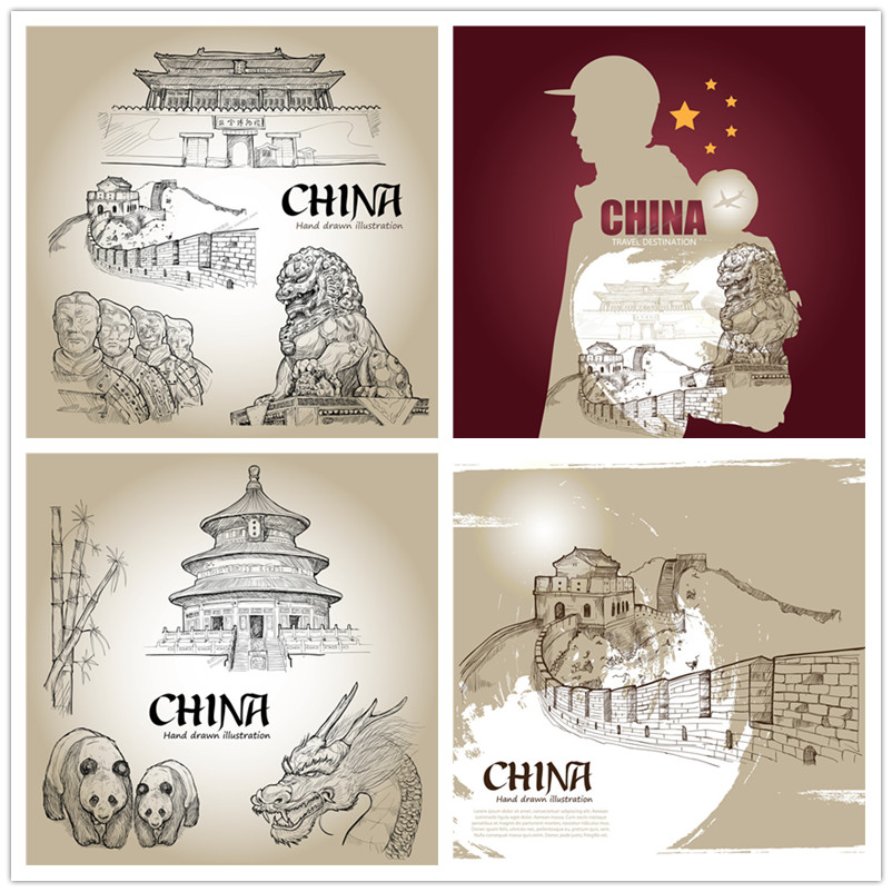 A0970矢量复古手绘线稿中国传统建筑长城故宫天坛熊猫 AI设计素材
