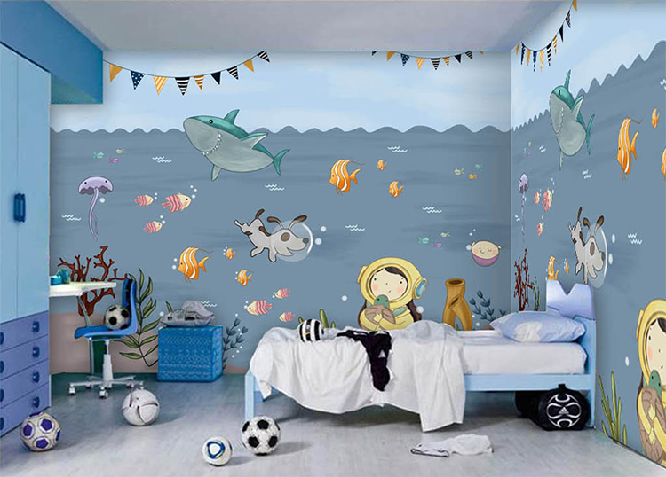手绘卡通海底世界儿童房背景墙壁画壁纸墙纸客厅卧室小狗动物墙布