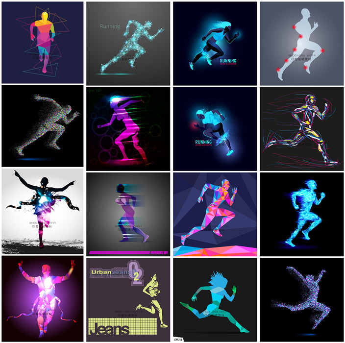 A0092矢量AI设计素材 25张彩色跑步人物光芒剪影海报插画