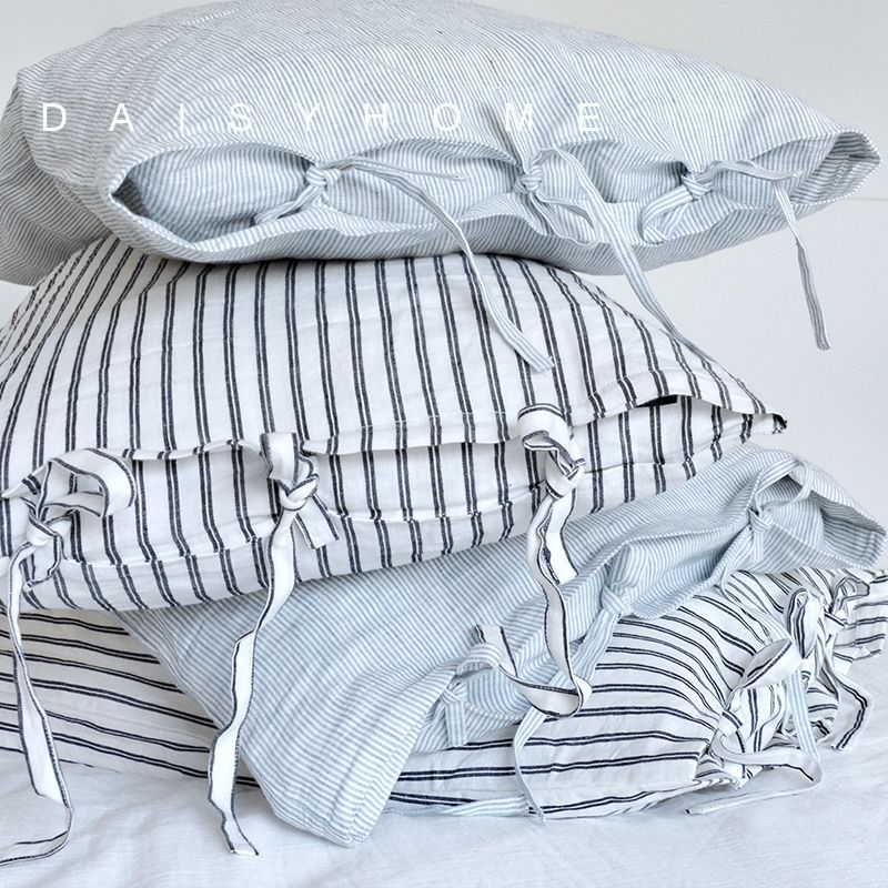 自制小众品质货北欧ins风全100%亚麻水洗色织条纹绑带枕套枕头套