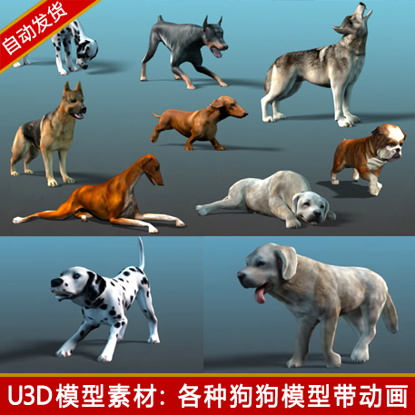 unity3d写实可爱狗犬dog动物骨骼动画动作u3d游戏美术模型素材包