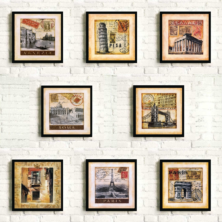 定制咖啡欧式建筑欧洲世界著名建筑英伦邮票油画照片墙黑框装饰画