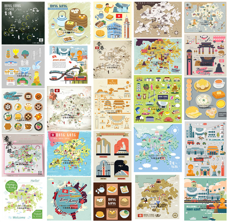 矢量设计素材 25张香港旅行插画海报手绘地图美食图标建筑EPS格式
