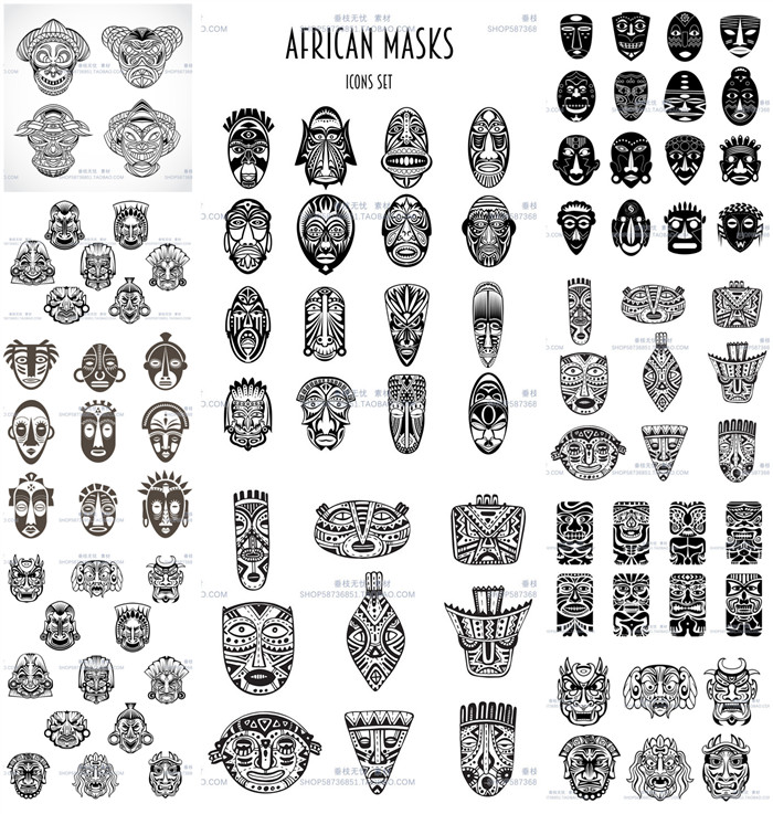 A0814矢量非洲原始部落面具图腾花纹黑白线稿图 AI设计素材