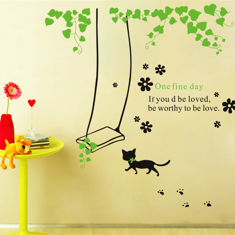 卡通儿童宝宝背景房客厅卧室可移除防水小猫荡秋千绿叶墙贴画花纸