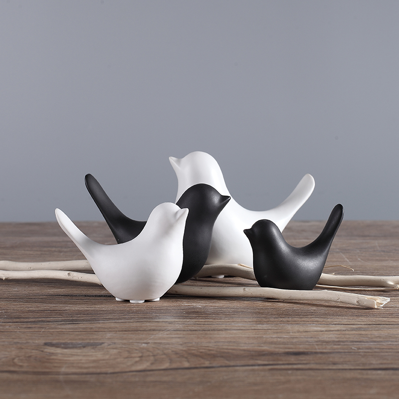 现代简约北欧 简单可爱黑白陶瓷小鸟创意小摆件软装家居玄关装饰