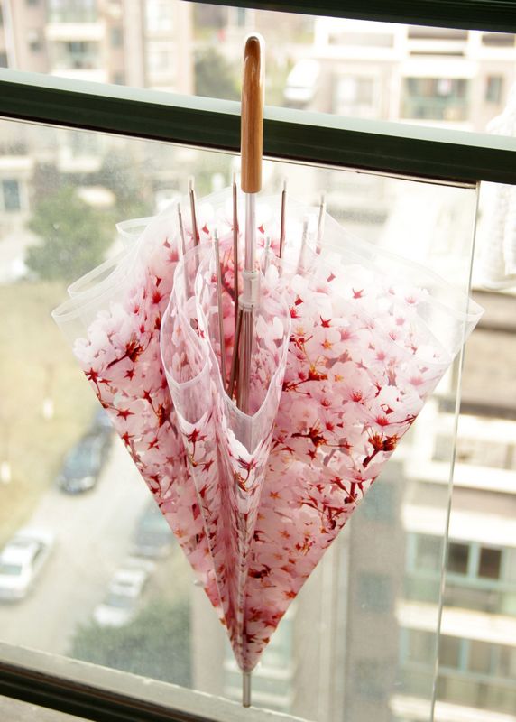 日本唯美浪漫樱花长柄伞透明晴雨伞小清新木柄创意雨伞印花防晒按