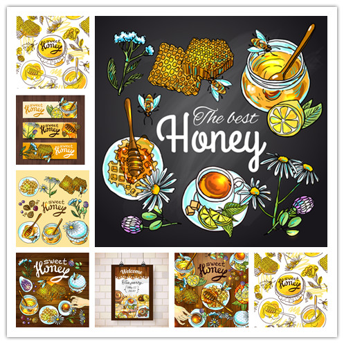 矢量设计素材 卡通彩绘蜂蜜花朵菊花食物蜂巢手蜜蜂插画 EPS格式