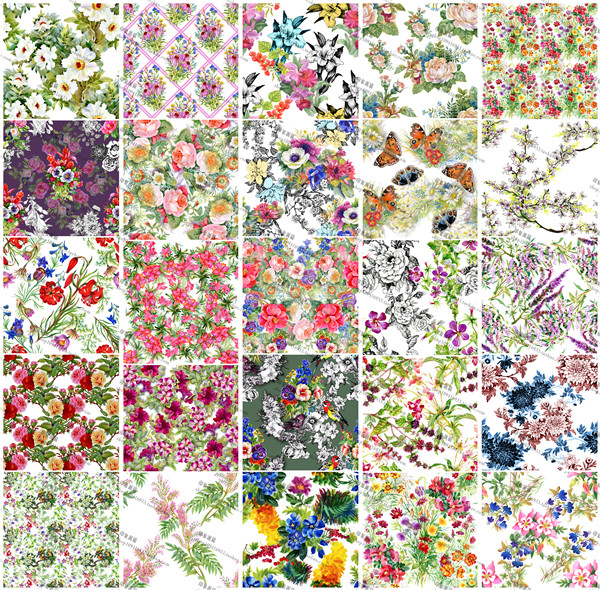 矢量设计素材 25张繁复水彩印花植物花朵图案玫瑰菊花杜鹃 EPS