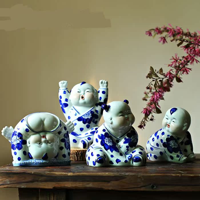 景德镇陶瓷人物雕塑摆件青花陶瓷童趣娃娃瓷器立体装饰 包邮
