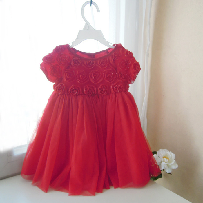 女童红色玫瑰花朵礼服裙 公主连衣裙圣诞节纱裙 晚宴裙生日花童裙