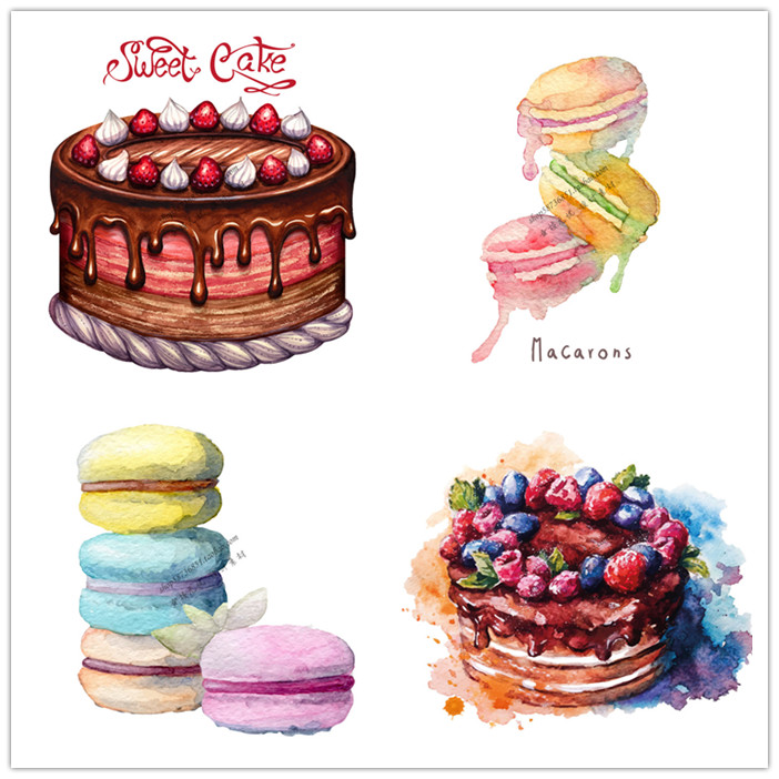A1435矢量水彩卡通手绘甜品马卡龙蓝莓薄饼生日蛋糕图 AI设计素材