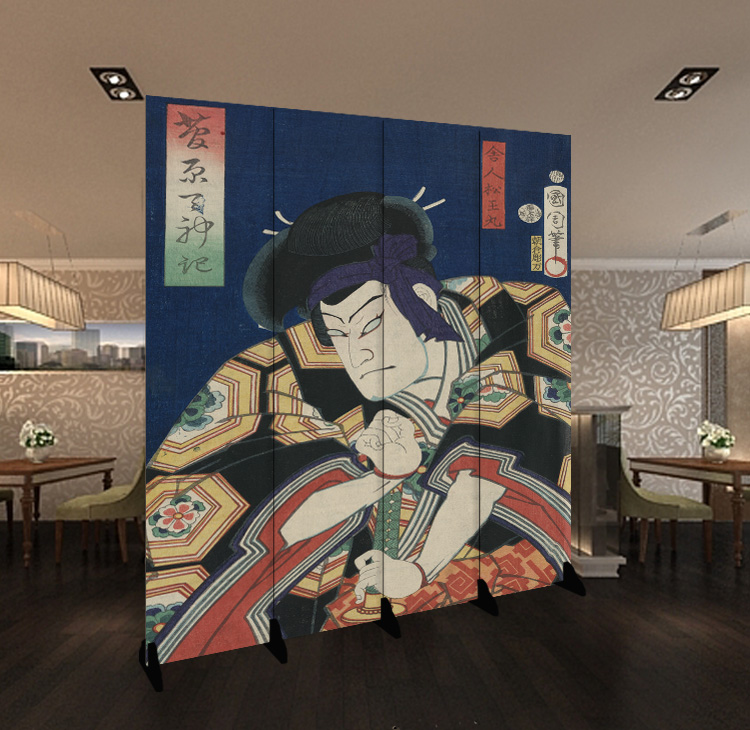 定制日式料理隔断浮世绘双面移动折叠手绘日本武士手绘艺术屏风
