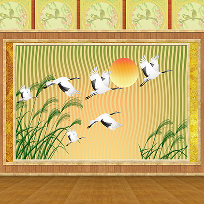 高清LED大屏幕舞台背景五彩屏风仙鹤戏曲古代客厅相声小品图片