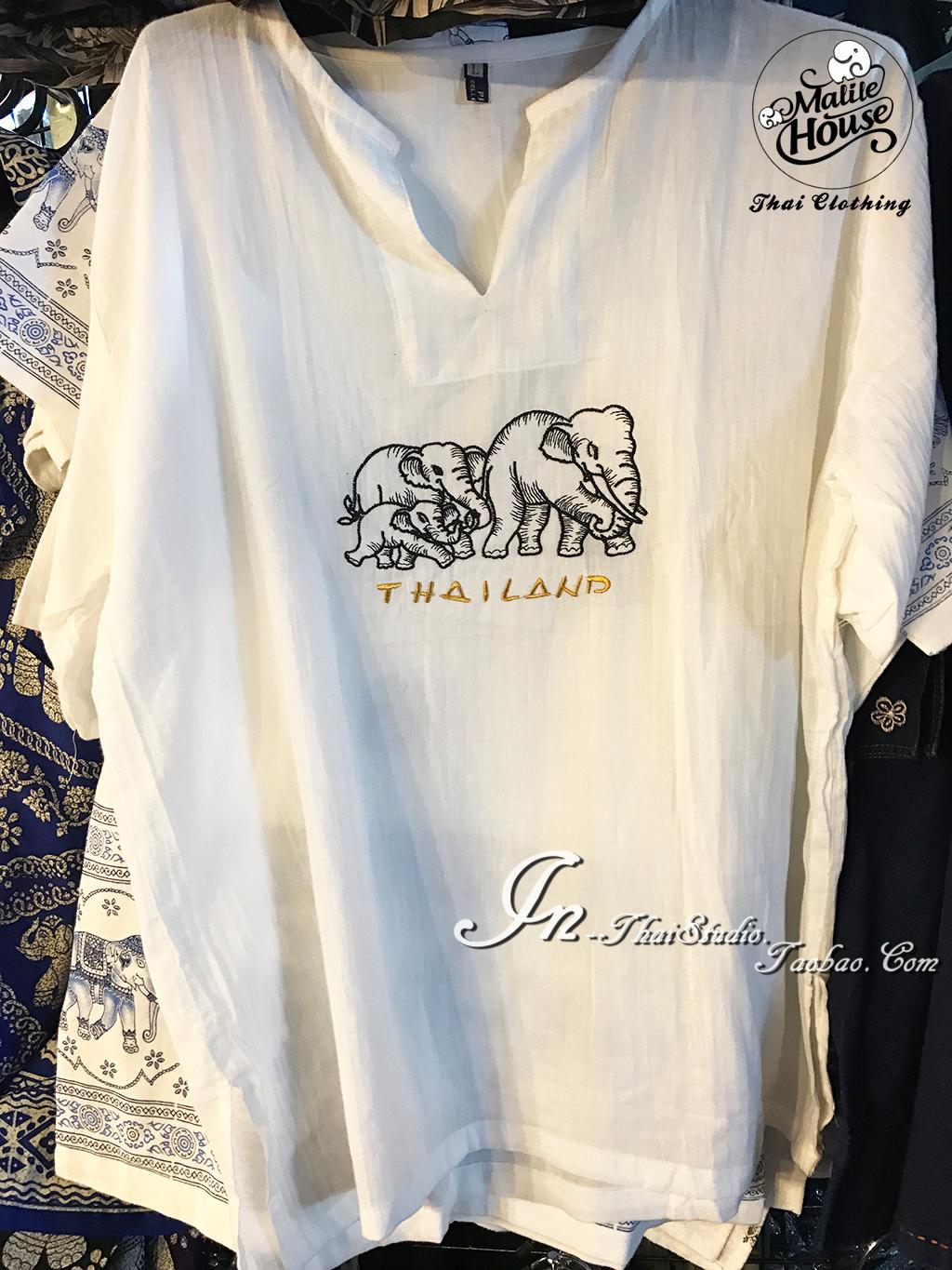 泰国本土服装棉麻男装T恤 刺绣大象图案纯白衫舒适凉爽薄夏装大码