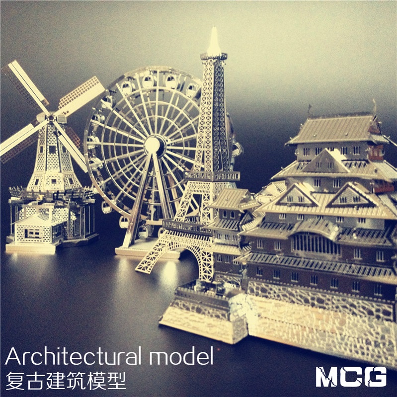 3D立体金属拼图建筑苏州园林荷兰风车天鹅堡摩天轮姬路城教堂模型