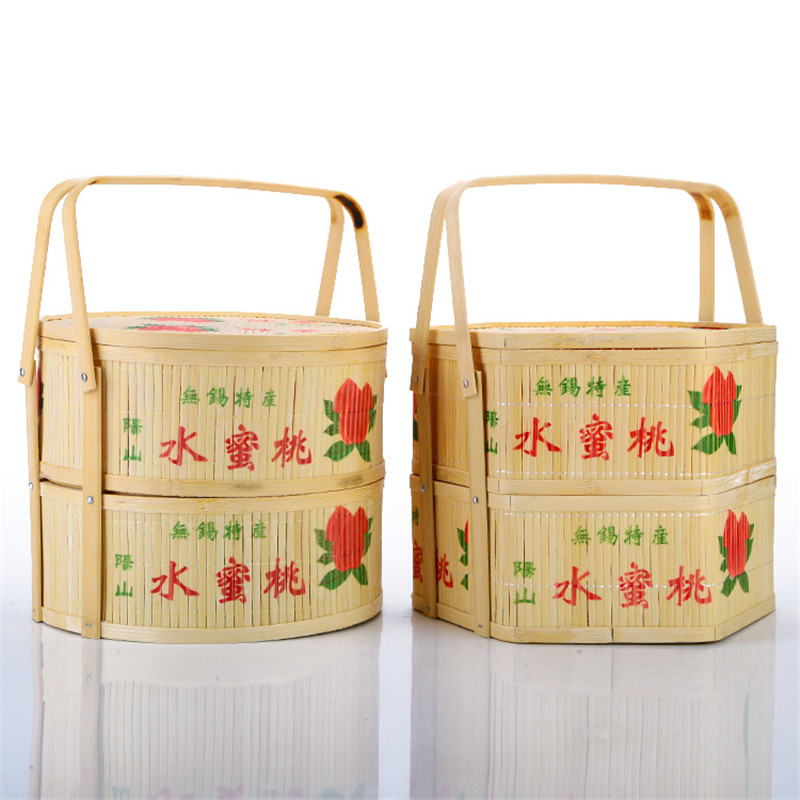 双层印花六角形圆形装水蜜桃的竹篮子竹包装礼盒礼品篮高档定制
