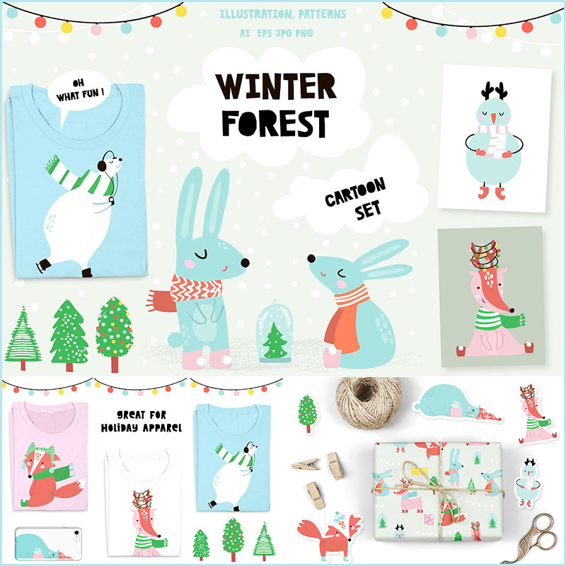 冬季卡通动物形象北极熊兔子雪人狐狸图案背景填充矢量+png素材图