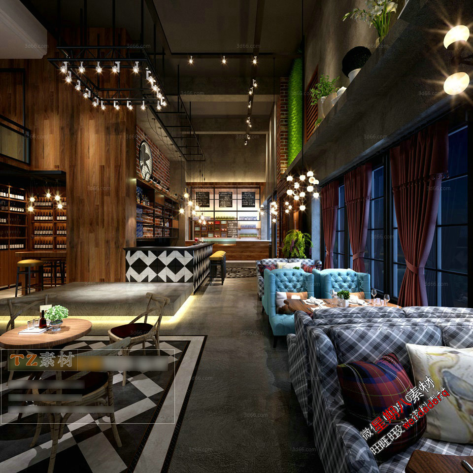 loft风格工业风格咖啡厅餐厅3Ｄ模型效果图酒吧模型