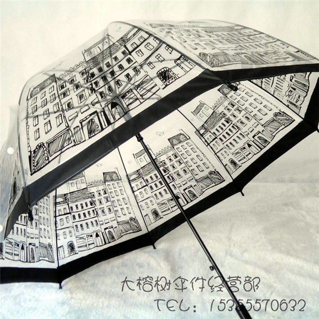 日本正品创意透明伞 拱形蘑菇建筑图案晴雨伞 长柄伞