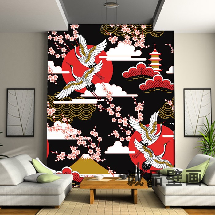 日本仙鹤太阳富士山墙纸日式黑暗风格壁纸墙布日系樱花背景墙壁画