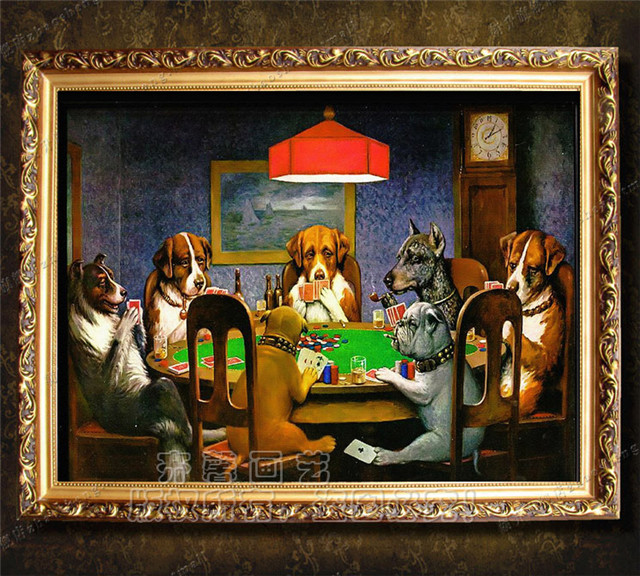 手工欧式卡通装饰油画 卧室客厅书房家居配画 名狗打扑克