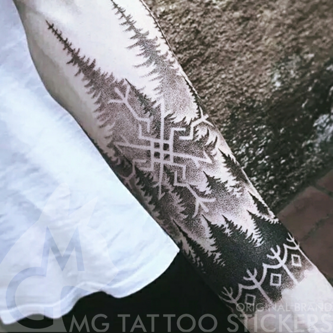MG纹身贴/手绘TATTOO/黑灰花臂/创意黑灰渐变森林神秘主义纹身贴