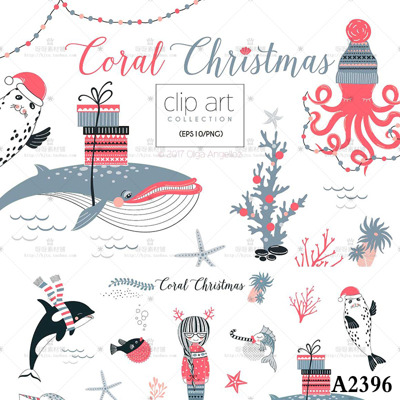 手绘圣诞节卡通鲸鱼海象章鱼海星珊瑚水草PNG免抠EPS矢量设计素材