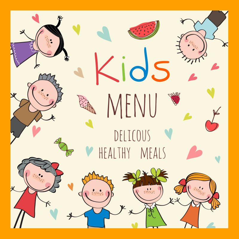 趣味儿童餐幼儿手绘卡通营养餐美食菜单菜谱快餐矢量设计模板素材