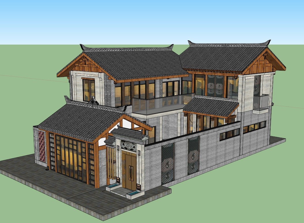SU川西风格中式民居合院别墅住宅建筑模型sketchup草图大师模型