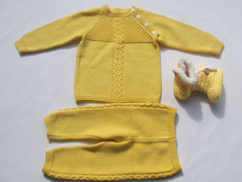 手工编织婴儿羊绒毛衣宝宝肩扣毛衣鞋子裤子二件套黄色