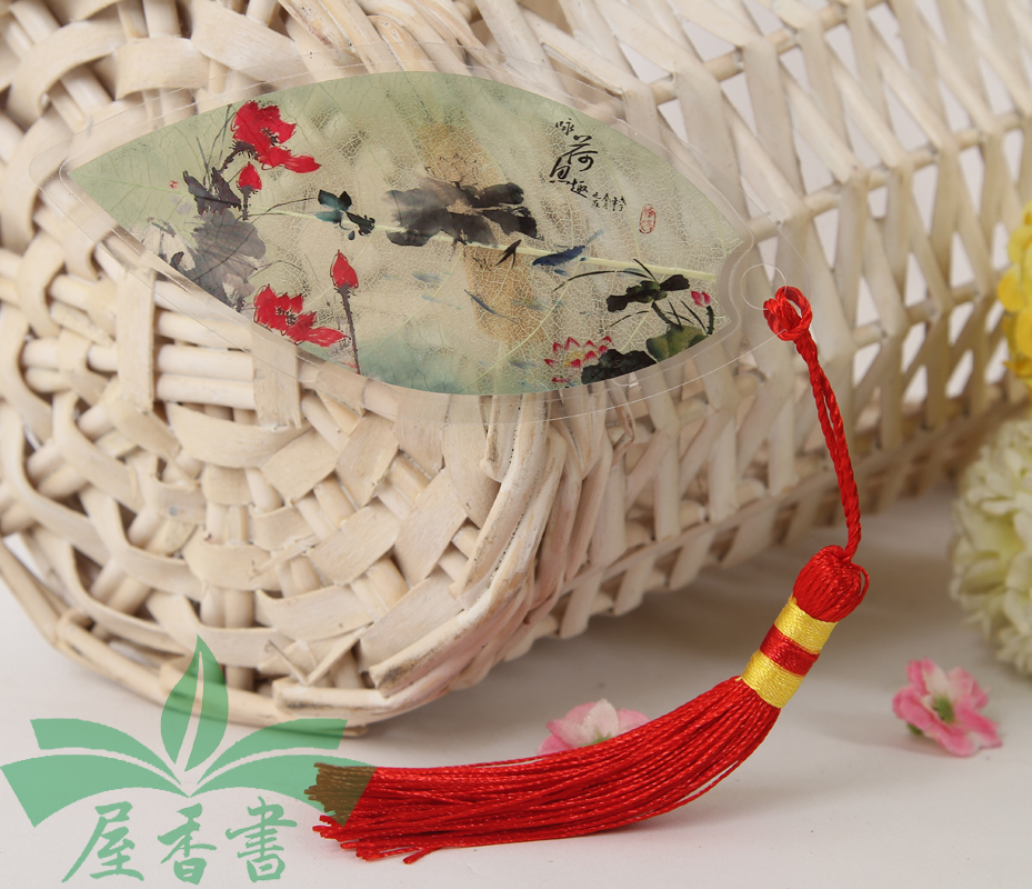 咏荷鱼趣古典中国风水墨画树叶书签唯美意境荷花节旅游纪念品定制