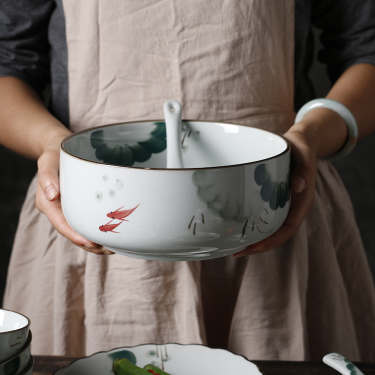 日式釉下彩景德镇8英寸排骨碗家用陶瓷碗手绘拉面泡面碗汤碗大碗