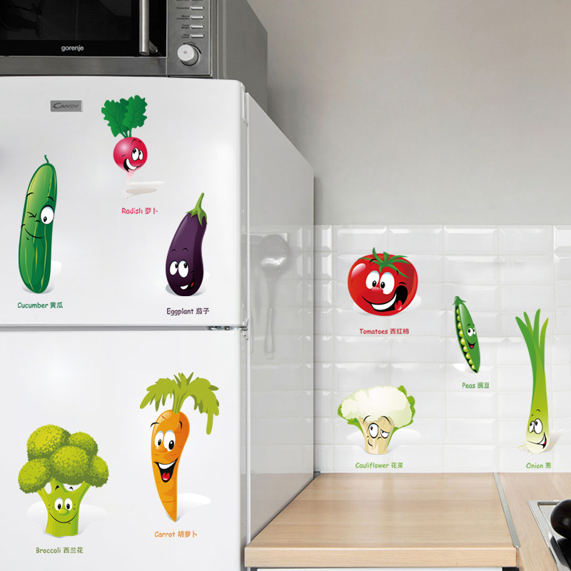原创设计蔬菜英文贴纸冰箱卡通儿童房间早教幼儿园教室环保墙贴画