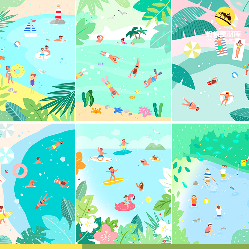 扁平夏天游泳玩水暑假手绘插画人物PSD分层设计素材模板海报背景