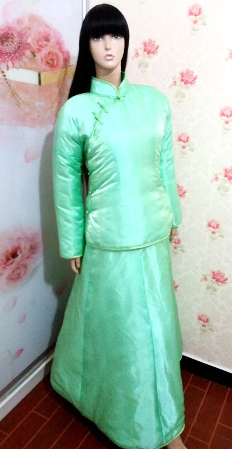 豆绿幻彩丝绸复古中式古典传统连袖加厚大襟棉袄棉裙手工定做