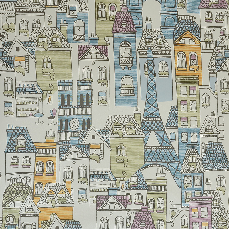 卡通蓝色儿童建筑埃菲尔铁塔壁纸彩色手绘涂鸦房子 法式背景墙纸