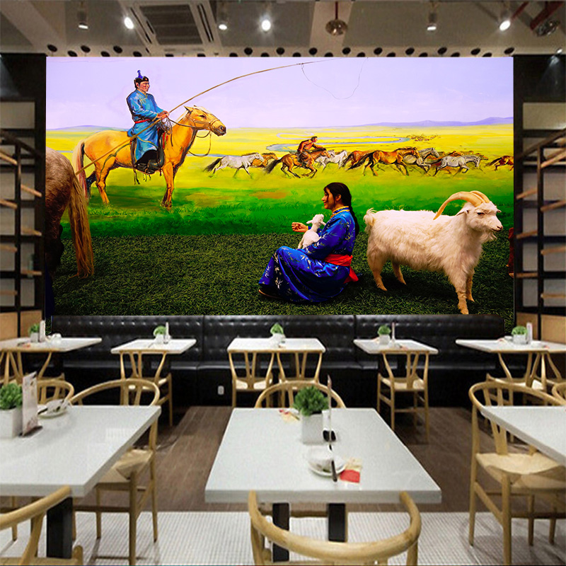 蒙古风格装修壁纸草原河流蒙古包壁画餐厅包厢牧民生活场景背景墙