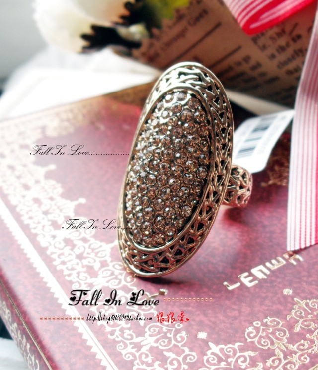 女韩版欧美新款时尚椭圆金色满钻编织花边夸张个性戒指指环潮品